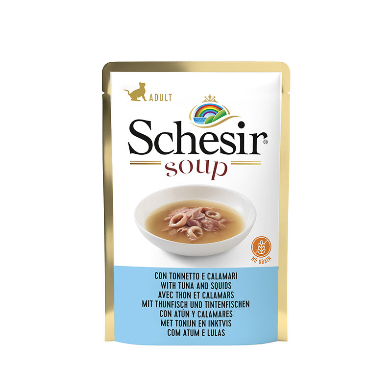 SCHESIR - Soupe Au Thon Et Calmar Pour Chat，Avec des filets de thon délicieux et de savoureux calamars, un mollusque connu pour sa faible teneur en graisses saturées et sa richesse en oméga-3.