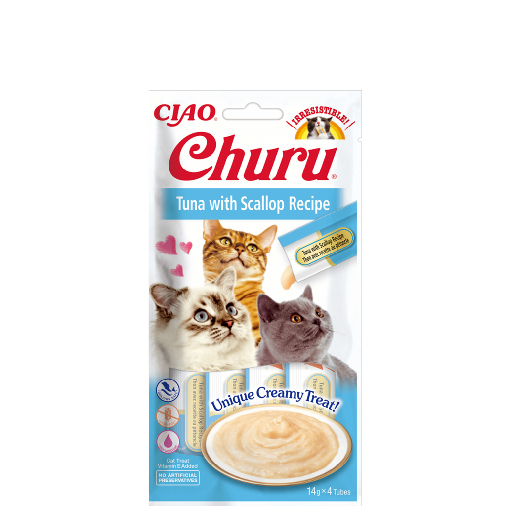 CIAO CHURU - Friandises à lécher pour chat thon & pétoncle,friandises Ciao Churu,sans céréales, sans conservateurs, sans colorants artificiels