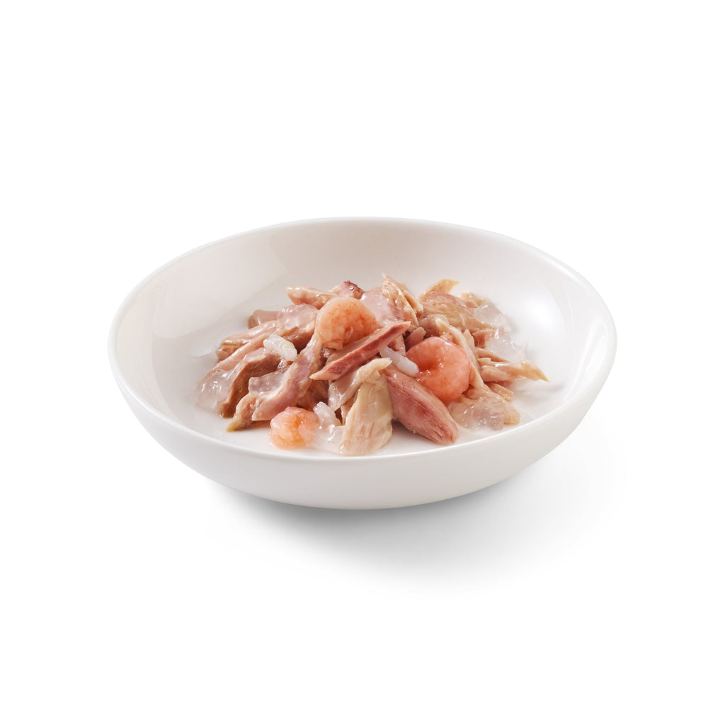 SCHESIR - Thon Avec Des Crevettes En Gelèe Pour Chat.La recette est à base de vrais filets de thon délicieux et de crevettes, de délicieux petits crustacés dont le palais ne se lasse pas.