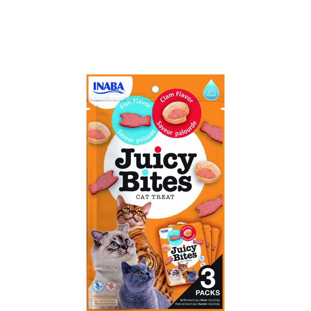 INABA - Juicy Bites Poisson / Palourde, Friandises pour chat de la taille d'une bouchée au thon doux ou au poulet